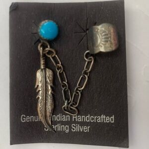 Sterling Silver VINTAGE Turquoise Feather Dangle Earring Pierced and Ear Cuff
